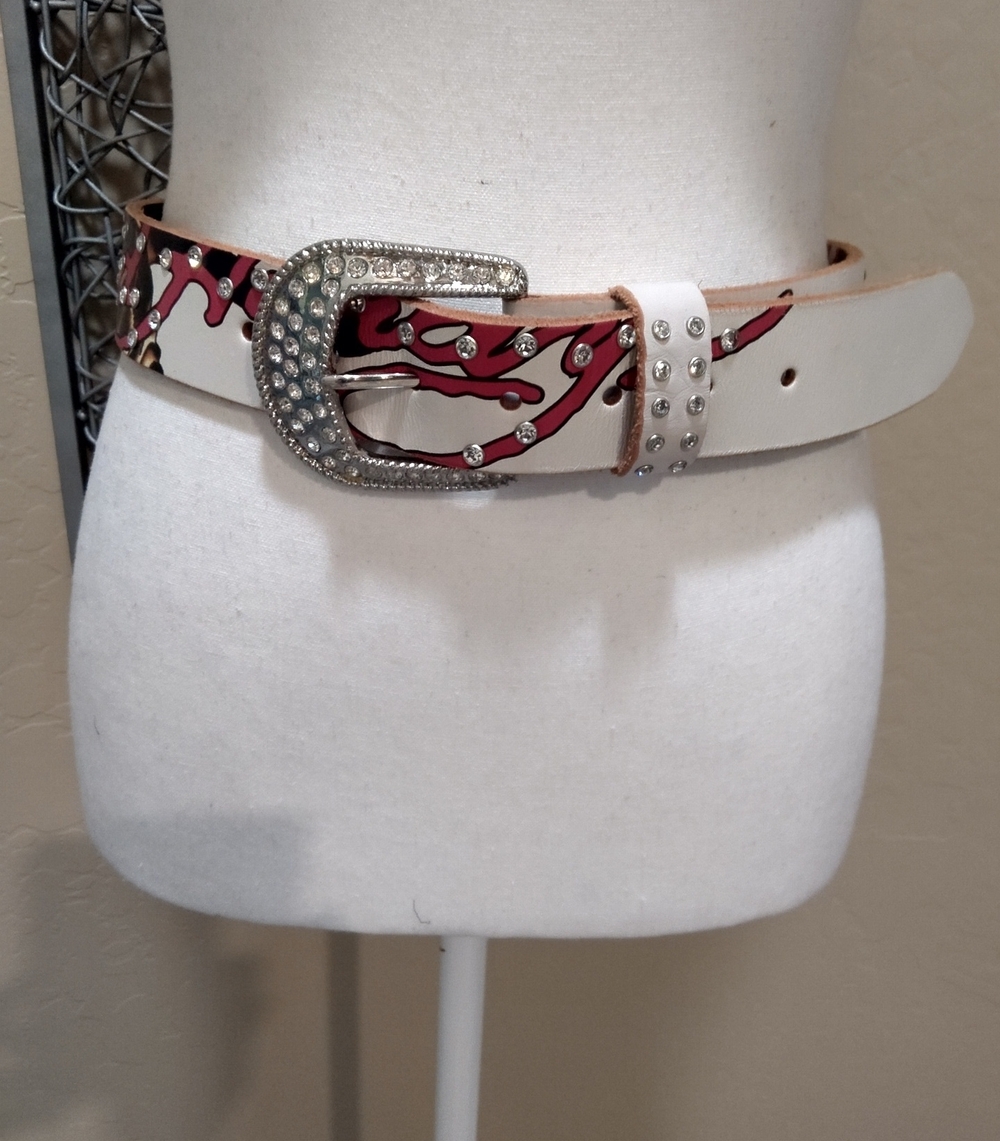 Ed Hardy TIGER Vintage White Belt with Pink Accents, Studs and Rhinestone Buckle